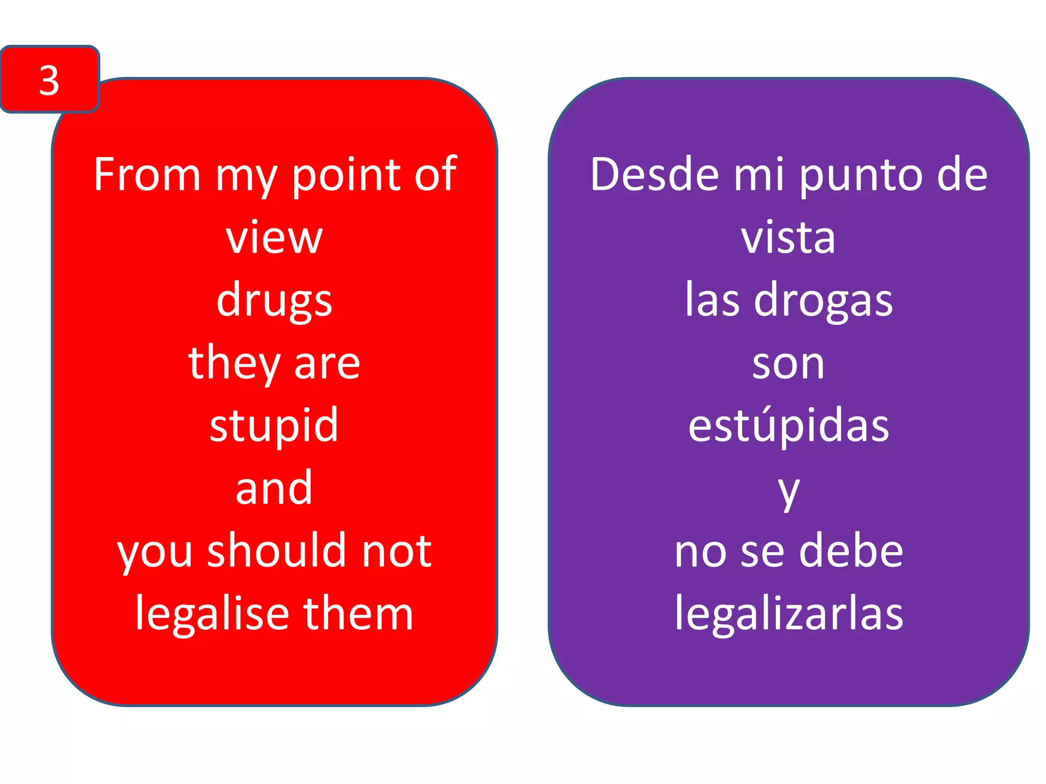 3

From my point of
view
drugs
they are
stupid
and
you should not
legalise them

Desde mi punto de
vista
las drogas
son
estúpidas
y
no se debe
legalizarlas

 