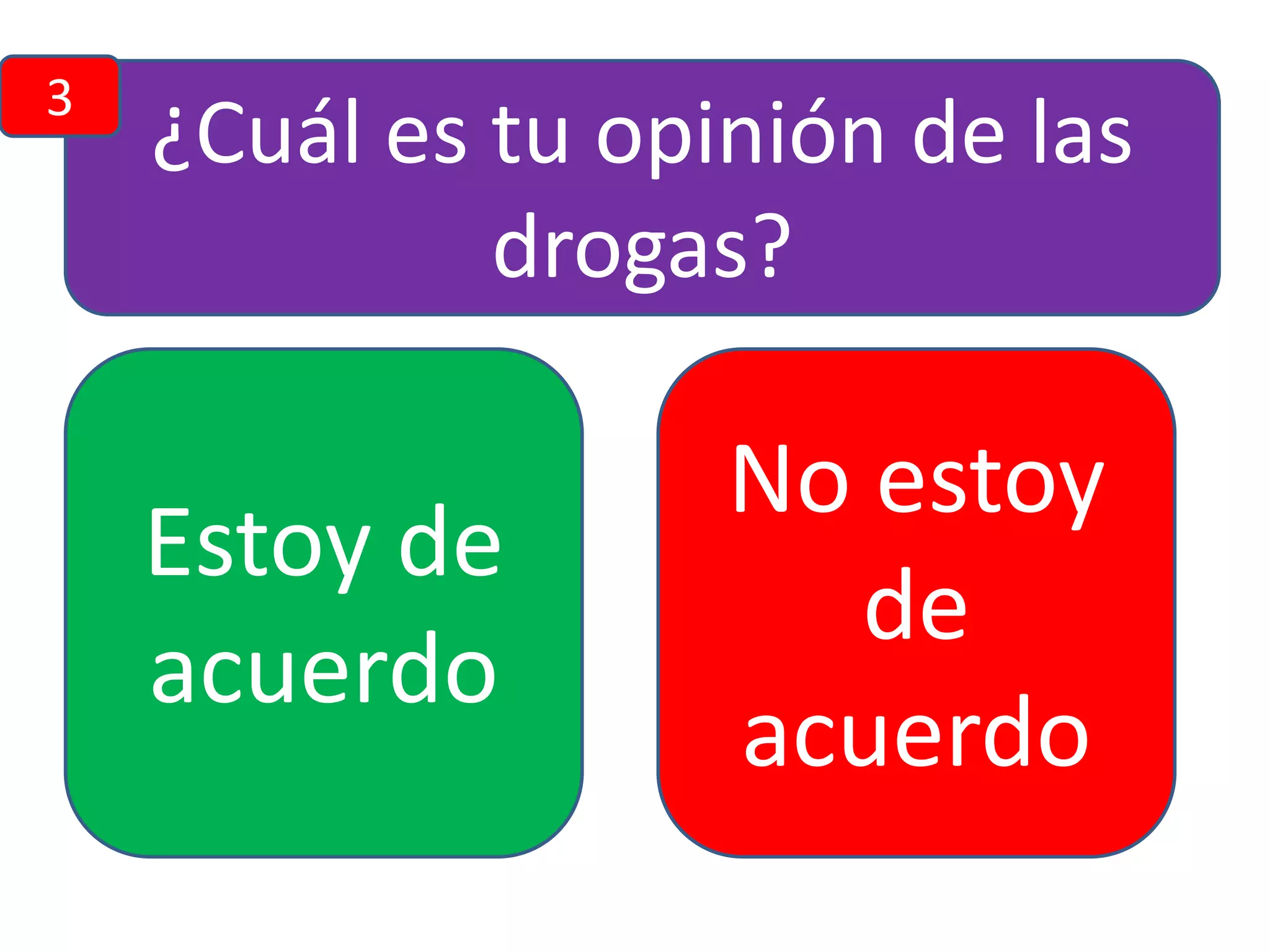 3

¿Cuál es tu opinión de las
drogas?

Estoy de
acuerdo

No estoy
de
acuerdo

 