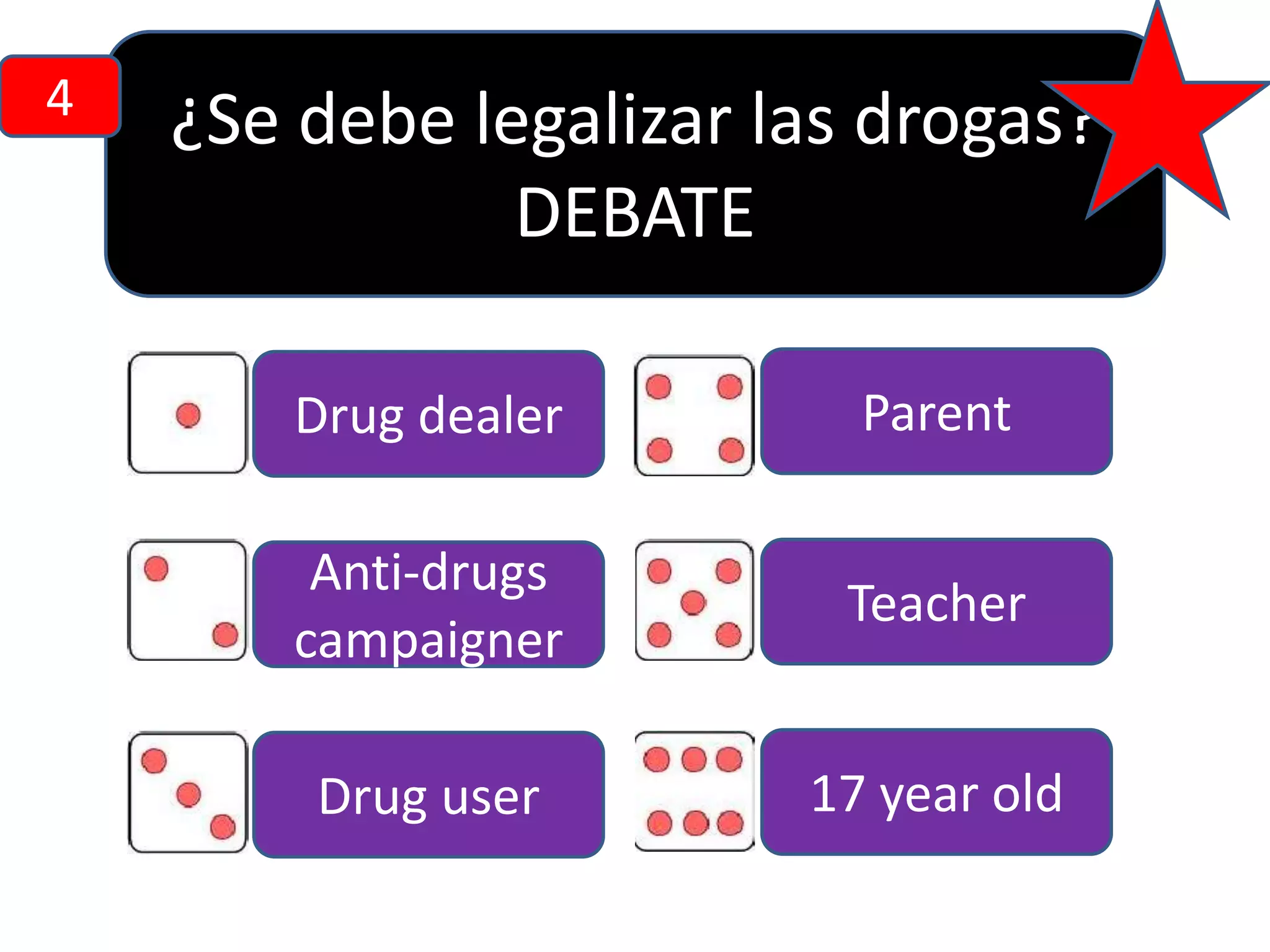 4

¿Se debe legalizar las drogas?
DEBATE
Drug dealer

Parent

Anti-drugs
campaigner

Teacher

Drug user

17 year old

 