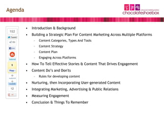 Agenda


         •   Introduction & Background
         •   Building a Strategic Plan For Content Marketing Across Multiple Platforms
              –   Content Categories, Types And Tools
              –   Content Strategy
              –   Content Plan
              –   Engaging Across Platforms

         •   How To Tell Effective Stories & Content That Drives Engagement
         •   Content Do’s and Don'ts
              –   Rules for developing content

         •   Nurturing, then Incorporating User-generated Content
         •   Integrating Marketing, Advertising & Public Relations
         •   Measuring Engagement
         •   Conclusion & Things To Remember
 