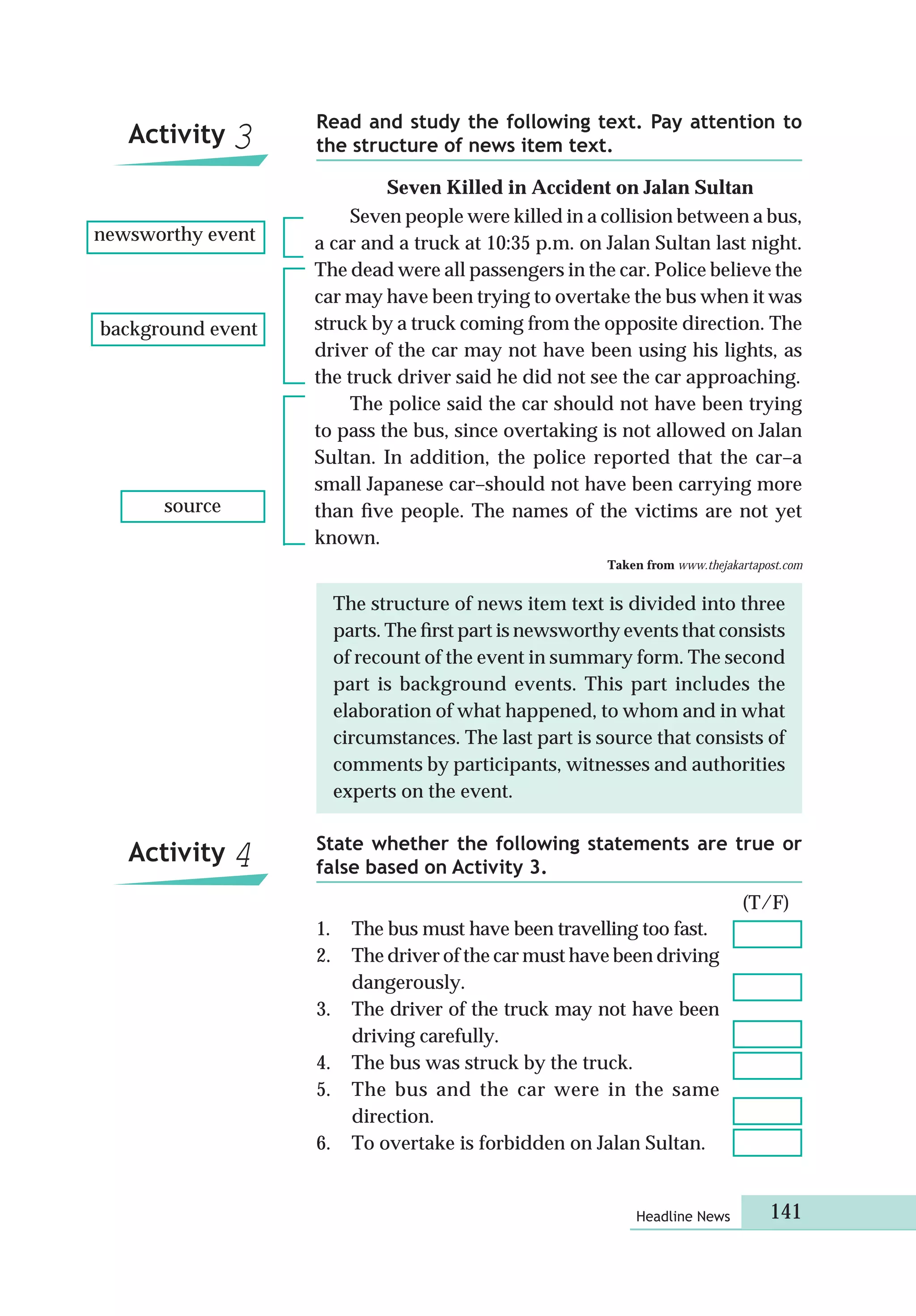 Headline News 141
Seven people were killed in a collision between a bus,
a car and a truck at 10:35 p.m. on Jalan Sultan last night.
The dead were all passengers in the car. Police believe the
car may have been trying to overtake the bus when it was
struck by a truck coming from the opposite direction. The
driver of the car may not have been using his lights, as
the truck driver said he did not see the car approaching.
The police said the car should not have been trying
to pass the bus, since overtaking is not allowed on Jalan
Sultan. In addition, the police reported that the car–a
small Japanese car–should not have been carrying more
than ﬁve people. The names of the victims are not yet
known.
Taken from www.thejakartapost.com
Seven Killed in Accident on Jalan Sultan
newsworthy event
background event
source
State whether the following statements are true or
false based on Activity 3.
Read and study the following text. Pay attention to
the structure of news item text.
1. The bus must have been travelling too fast.
2. The driver of the car must have been driving
dangerously.
3. The driver of the truck may not have been
driving carefully.
4. The bus was struck by the truck.
5. The bus and the car were in the same
direction.
6. To overtake is forbidden on Jalan Sultan.
(T/F)
Activity 4
Activity 3
The structure of news item text is divided into three
parts. The ﬁrst part is newsworthy events that consists
of recount of the event in summary form. The second
part is background events. This part includes the
elaboration of what happened, to whom and in what
circumstances. The last part is source that consists of
comments by participants, witnesses and authorities
experts on the event.
 