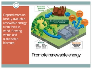 Promoterenewableenergy
Depend moreon
locally available
renewableenergy,
from thesun,
wind, flowing
water, and
sustainable
...