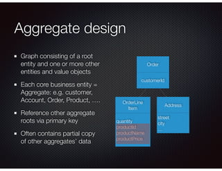 Aggregate design
Graph consisting of a root
entity and one or more other
entities and value objects
Each core business entity =
Aggregate: e.g. customer,
Account, Order, Product, ….
Reference other aggregate
roots via primary key
Often contains partial copy
of other aggregates’ data
Order
OrderLine
Item
quantity
productId
productName
productPrice
customerId
Address
street
city
…
 