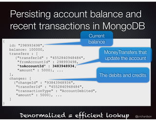 @crichardson
Persisting account balance and
recent transactions in MongoDB
{
id: "298993498",
balance: 100000,
transfers : [
{"transferId" : "4552840948484",
"fromAccountId" : 298993498,
"toAccountId" : 3483948934,
"amount" : 5000}, ...
],
changes: [
{"changeId" : "93843948934",
"transferId" : "4552840948484",
"transactionType" : "AccountDebited",
"amount" : 5000}, ...
]
}
Denormalized = efficient lookup
MoneyTransfers that
update the account
The debits and credits
Current
balance
 