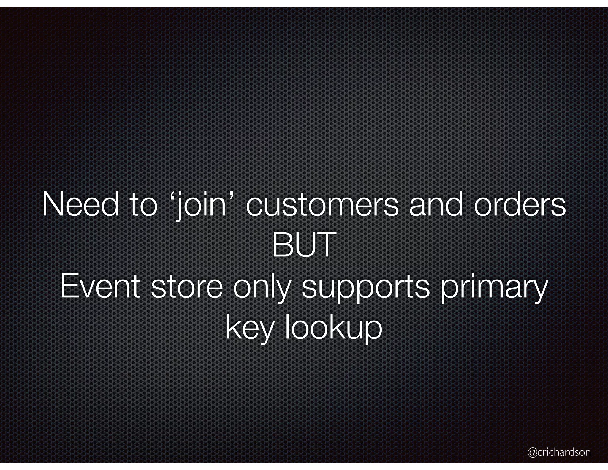 @crichardson
Need to ‘join’ customers and orders
BUT
Event store only supports primary
key lookup
 