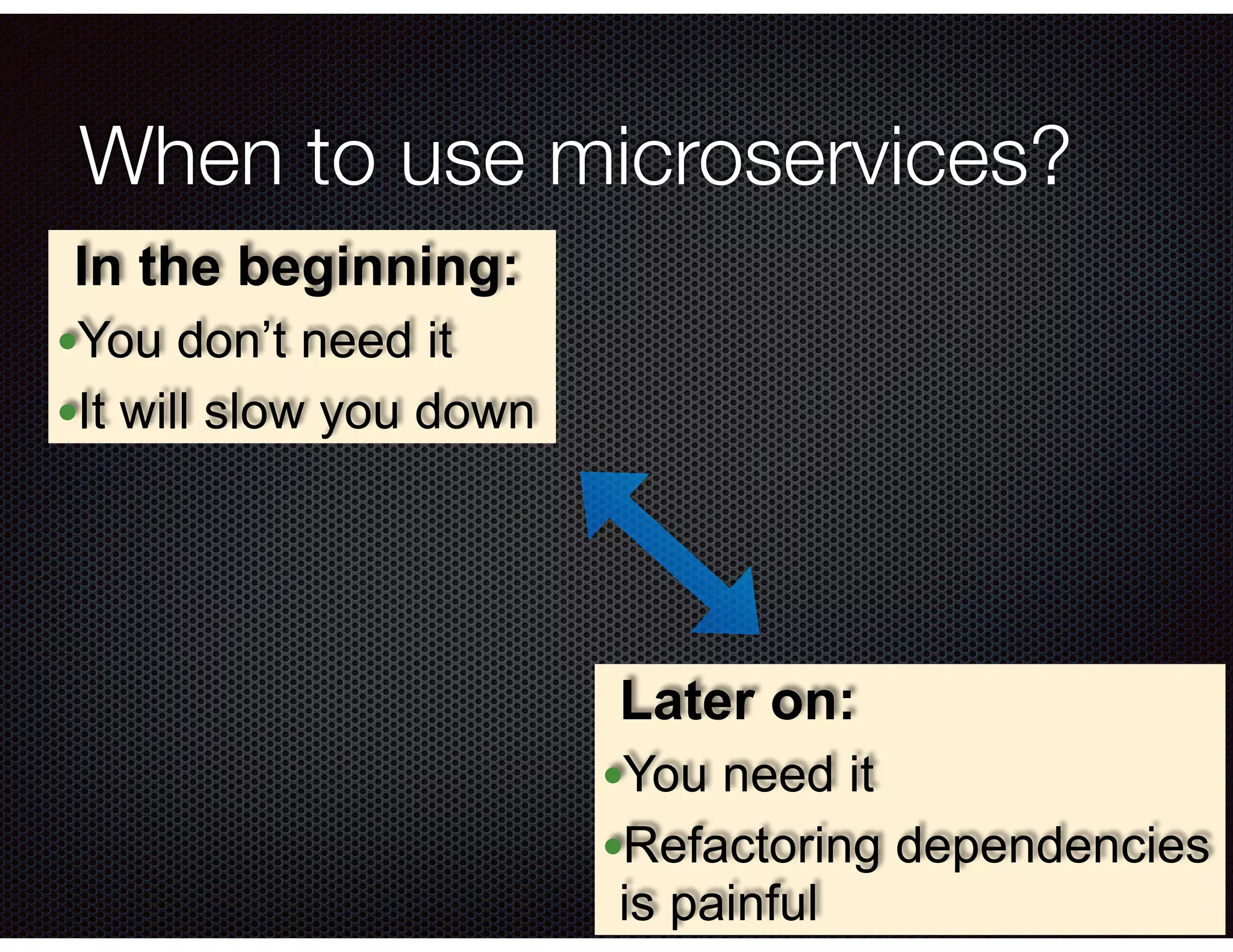 @crichardson
When to use microservices?
In the beginning:
•You don’t need it
•It will slow you down
Later on:
•You need it
•Refactoring dependencies
is painful
 