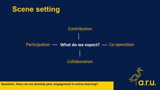 Participation
Collaboration
Contribution
Co-operation
What do we expect?
Question: How can we develop peer engagement in a...