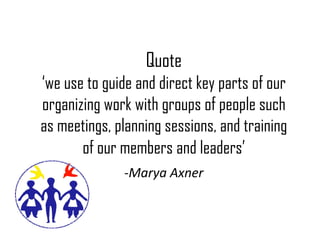 Quote
‘we use to guide and direct key parts of our
organizing work with groups of people such
as meetings, planning sessions, and training
of our members and leaders’
-Marya Axner

 