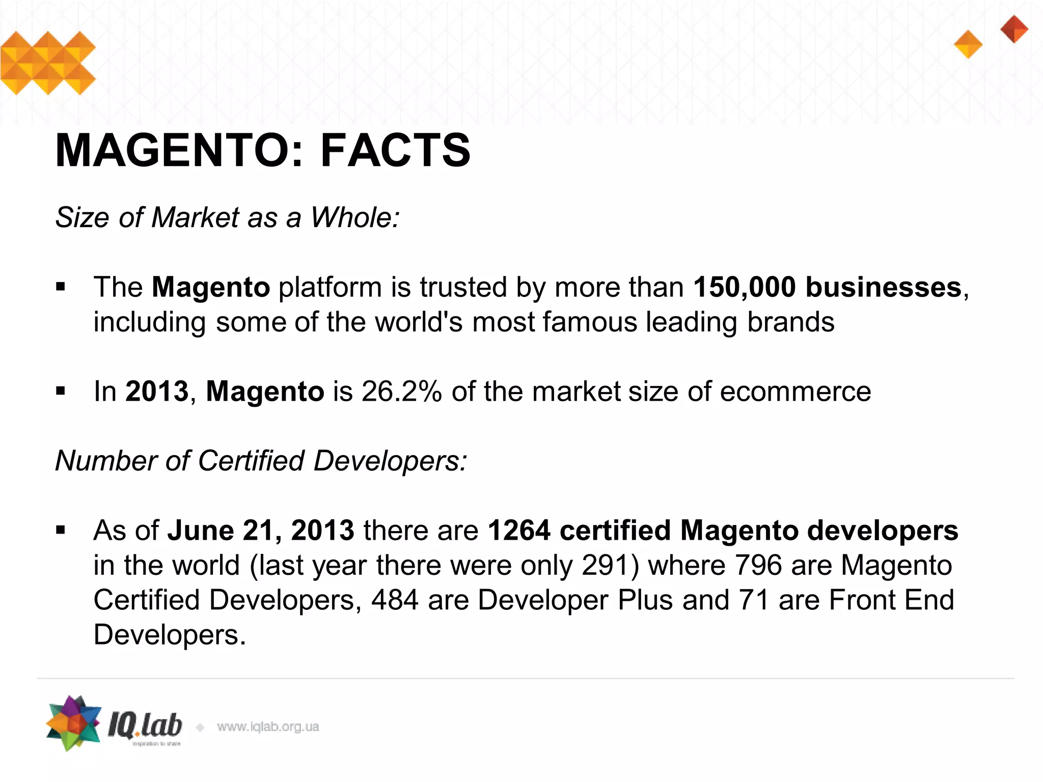 Size of Market as a Whole:
 The Magento platform is trusted by more than 150,000 businesses,
including some of the world's most famous leading brands
 In 2013, Magento is 26.2% of the market size of ecommerce
Number of Certified Developers:
 As of June 21, 2013 there are 1264 certified Magento developers
in the world (last year there were only 291) where 796 are Magento
Certified Developers, 484 are Developer Plus and 71 are Front End
Developers.
MAGENTO: FACTS
 