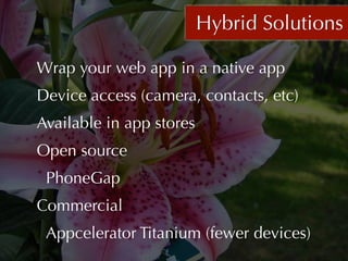 Hybrid Solutions

Wrap your web app in a native app
Device access (camera, contacts, etc)
Available in app stores
Open source
 PhoneGap
Commercial
 Appcelerator Titanium (fewer devices)
 