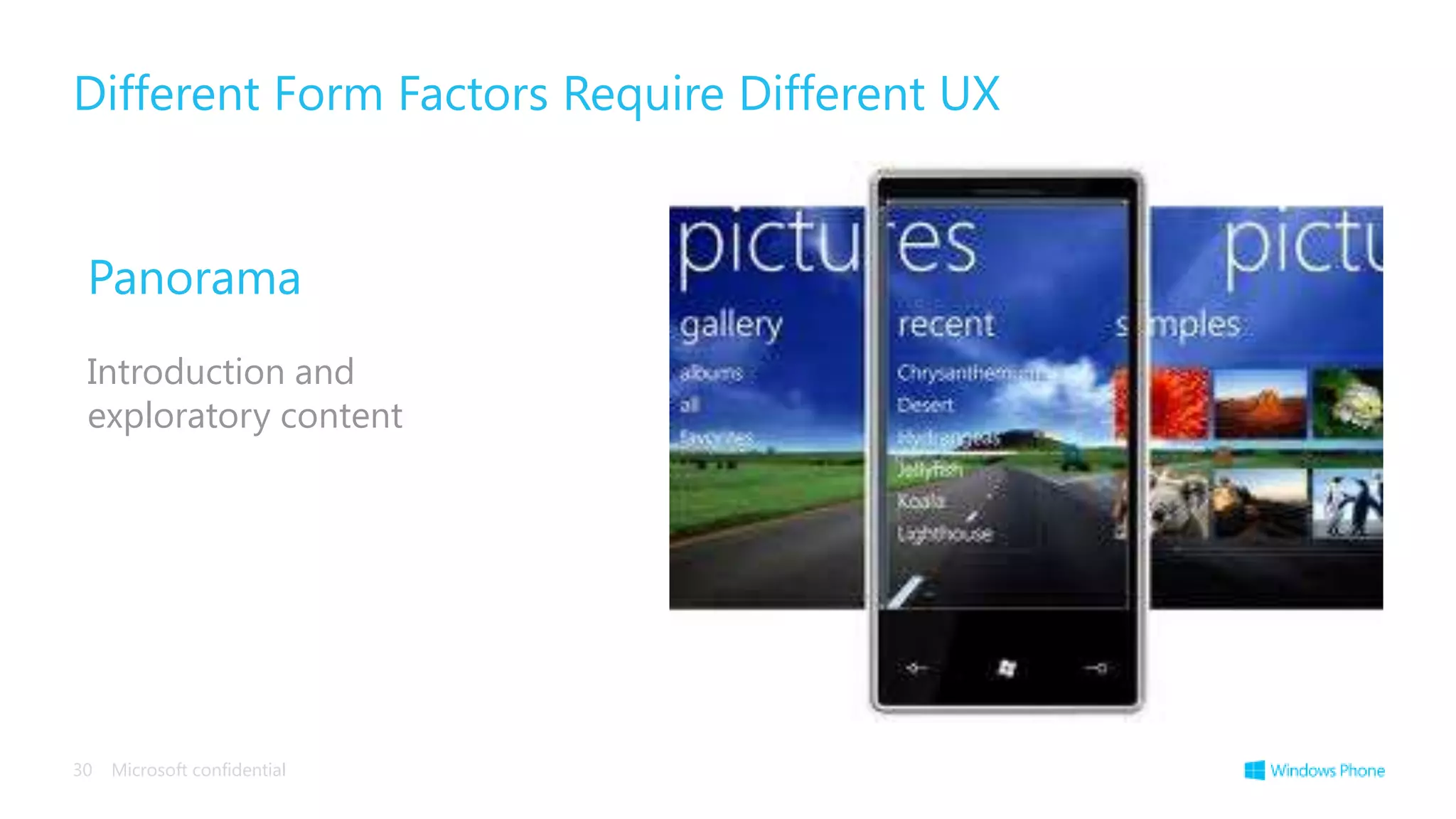 Different Form Factors Require Different UX


 Panorama
 Introduction and
 exploratory content




30   Microsoft confidential
 