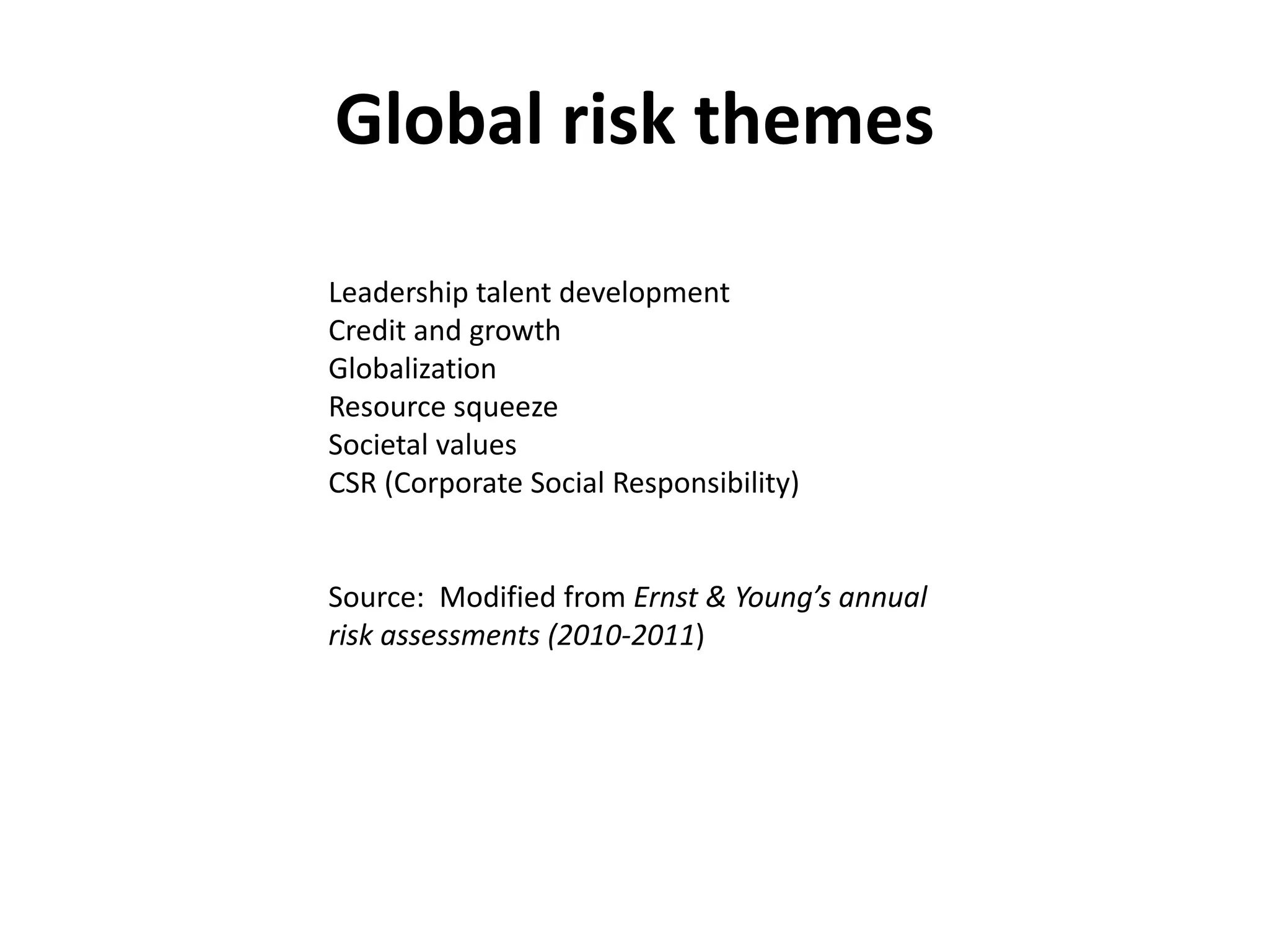 Global risk themes

Leadership talent development
Credit and growth
Globalization
Resource squeeze
Societal values
CSR (Corporate Social Responsibility)


Source: Modified from Ernst & Young’s annual
risk assessments (2010-2011)
 