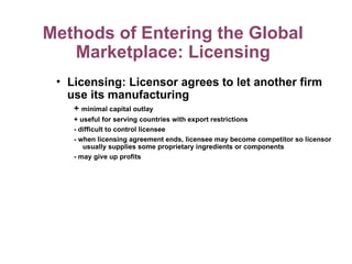 • Licensing: Licensor agrees to let another firm
use its manufacturing
+ minimal capital outlay
+ useful for serving countries with export restrictions
- difficult to control licensee
- when licensing agreement ends, licensee may become competitor so licensor
usually supplies some proprietary ingredients or components
- may give up profits
Methods of Entering the Global
Marketplace: Licensing
 