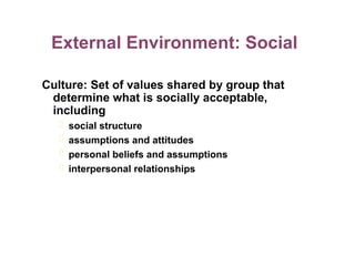 External Environment: Social
Culture: Set of values shared by group that
determine what is socially acceptable,
including
 social structure
 assumptions and attitudes
 personal beliefs and assumptions
 interpersonal relationships
 