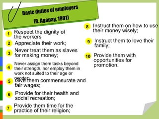 Respect the dignity of
the workers
1
2
3
4
5
Appreciate their work;
Never treat them as slaves
for making money;
Never assign them tasks beyond
their strength, nor employ them in
work not suited to their age or
gender;
Give them commensurate and
fair wages;
Provide for their health and
social recreation;
6
7
8
Provide them time for the
practice of their religion;
Instruct them on how to use
their money wisely;
9 Instruct them to love their
family;
10 Provide them with
opportunities for
promotion.
 