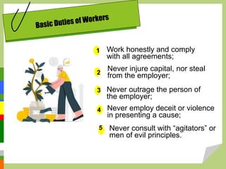 Work honestly and comply
with all agreements;
1
2
3
4
5
Never injure capital, nor steal
from the employer;
Never outrage the person of
the employer;
Never employ deceit or violence
in presenting a cause;
Never consult with “agitators” or
men of evil principles.
 