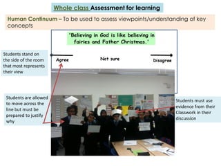 Whole class Assessment for learning
  Human Continuum – To be used to assess viewpoints/understanding of key
  concepts




Students stand on
the side of the room
that most represents
their view

                                       Photo

 Students are allowed
                                                              Students must use
 to move across the
                                                              evidence from their
 line but must be
                                                              Classwork in their
 prepared to justify
                                                              discussion
 why
 