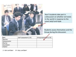 Year 9 students take part in
a discussion on whether evil exists
In the world in response to the
novel Jekyll and Hyde



Students assess themselves and the
Group during the discussion
 