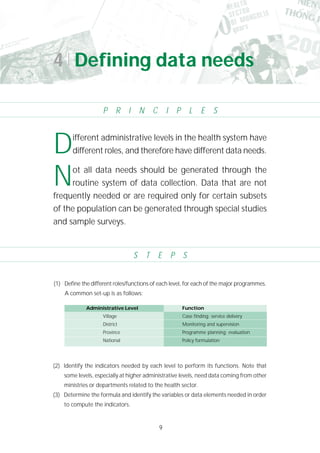 9
(1) Define the different roles/functions of each level, for each of the major programmes.
A common set-up is as follows:
Different administrative levels in the health system have
different roles, and therefore have different data needs.
Not all data needs should be generated through the
routine system of data collection. Data that are not
frequently needed or are required only for certain subsets
of the population can be generated through special studies
and sample surveys.
(2) Identify the indicators needed by each level to perform its functions. Note that
some levels, especially at higher administrative levels, need data coming from other
ministries or departments related to the health sector.
(3) Determine the formula and identify the variables or data elements needed in order
to compute the indicators.
P R I N C I P L E S
S T E P S
4 Defining data needs
Administrative Level Function
Village Case finding; service delivery
District Monitoring and supervision
Province Programme planning; evaluation
National Policy formulation
 