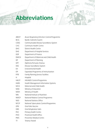 v
Abbreviations
ARICP Acute Respiratory Infection Control Programme
BCG Bacille-Calmette Guérin
CDSS Communicable Disease Surveillance System
CHC Commune Health Centre
DHC District Health Centre
DHS Department of Hospital Services
DOF Department of Finance
DMCH Department of Maternal and Child Health
DP Department of Planning
DPT Diphteria-Pertussis-Tetanus
DSS Disease Surveillance System
EH Environmental Health
EPI Expanded Programme of Immunization
FPSF Family Planning Service Facilities
H Hospital
HACP HIV/AIDS Control Programme
HMIS Health Management Information Systems
MCH Maternal and Child Health
MOE Ministry of Education
MOH Ministry of Health
NIN National Institute of Nutrition
NMCP National Malaria Control Programme
NSO National Statistics Office
NTCP National Tuberculosis Control Programme
OPV Oral Polio Vaccine
ORS Oral Rehydration Salts
PHC Primary Health Centre
PHO Provincial Health Office
PMC Preventive Medical Centre
TT Tetanus Toxoid
 