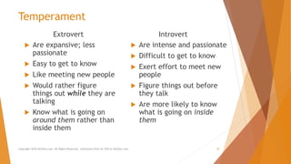 Temperament
Extrovert
 Are expansive; less
passionate
 Easy to get to know
 Like meeting new people
 Would rather figure
things out while they are
talking
 Know what is going on
around them rather than
inside them
Introvert
 Are intense and passionate
 Difficult to get to know
 Exert effort to meet new
people
 Figure things out before
they talk
 Are more likely to know
what is going on inside
them
Copyright 2018 AllCEUs.com All Rights Reserved. Unlimited CEUs for $59 at AllCEUs.com 10
 