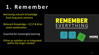 1. Remember
Retrieving relevant knowledge
from long term memory
Relevant Knowledge – F,C,P & M or
some combination
Essential for meaningful learning
Either as isolation or as integrated
within the larger context
12
 