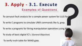 To carryout fault analysis for a sample power system for LLLG fault.
To write C programs to simulate UNIX commands like ls, grep.
To write a programs for String manipulation operations using 8086.
To study of basic digital IC’s. (General Objective)
To verify truth table for NAND gate.
Examples of Questions
3. Apply - 3.1. Execute
30
 