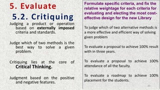 5. Evaluate
5.2. Critiquing
Judging a product or operation
based on externally imposed
criteria and standards.
Judge which of two methods is the
best way to solve a given
problem.
Critiquing lies at the core of
Critical Thinking.
Judgment based on the positive
and negative features.
Formulate specific criteria, and fix the
relative weightage for each criteria for
evaluating and electing the most cost-
effective design for the new Library
To judge which of two alternative methods is
a more effective and efficient way of solving
given problem
To evaluate a proposal to achieve 100% result
with in three years.
To evaluate a proposal to achieve 100%
attendance of all the faculty.
To evaluate a roadmap to achieve 100%
placement for the students.
49
 