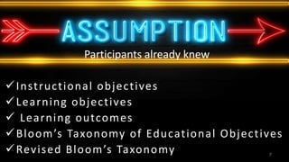 Participants already knew
Instructional objectives
Learning objectives
 Learning outcomes
Bloom’s Taxonomy of Educational Objectives
Revised Bloom’s Taxonomy 7
 