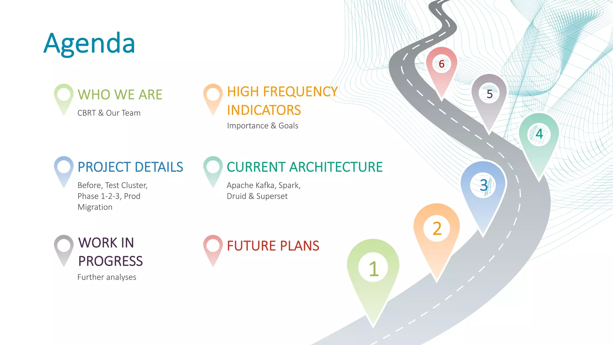 Agenda WHO WE ARE CBRT & Our Team PROJECT DETAILS Before, Test Cluster, Phase 1-2-3, Prod Migration HIGH FREQUENCY INDICATORS Importance & Goals CURRENT ARCHITECTURE Apache Kafka, Spark, Druid & Superset WORK IN PROGRESS Further analyses FUTURE PLANS 6 5 4 3 2 1 