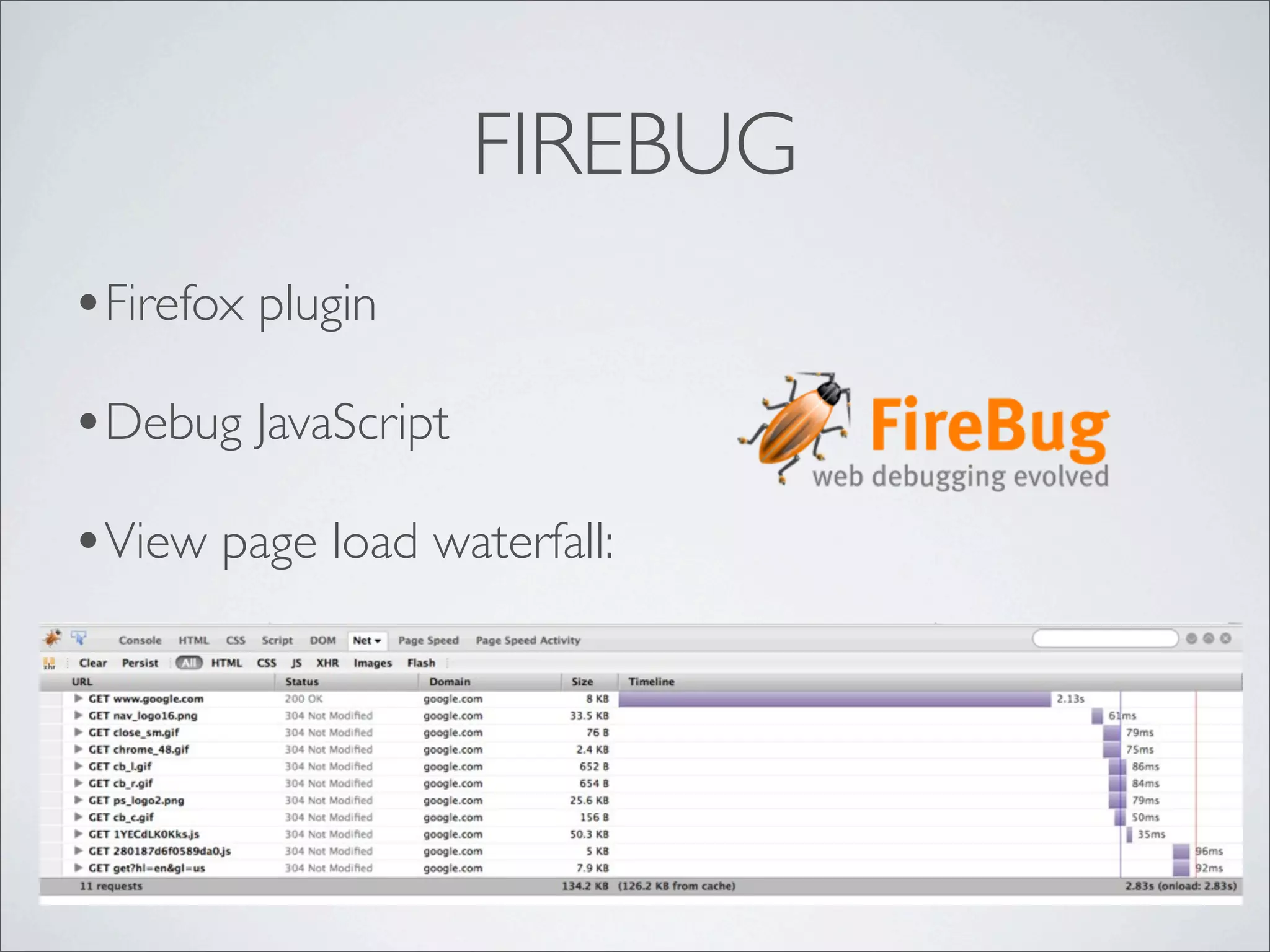 FIREBUG
•Firefox plugin
•Debug JavaScript
•View page load waterfall:
 