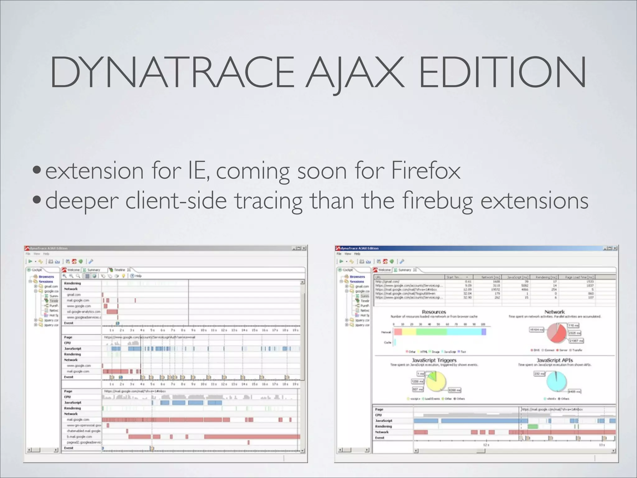 DYNATRACE AJAX EDITION

•extension for IE, coming soon for Firefox
•deeper client-side tracing than the ﬁrebug extensions
 