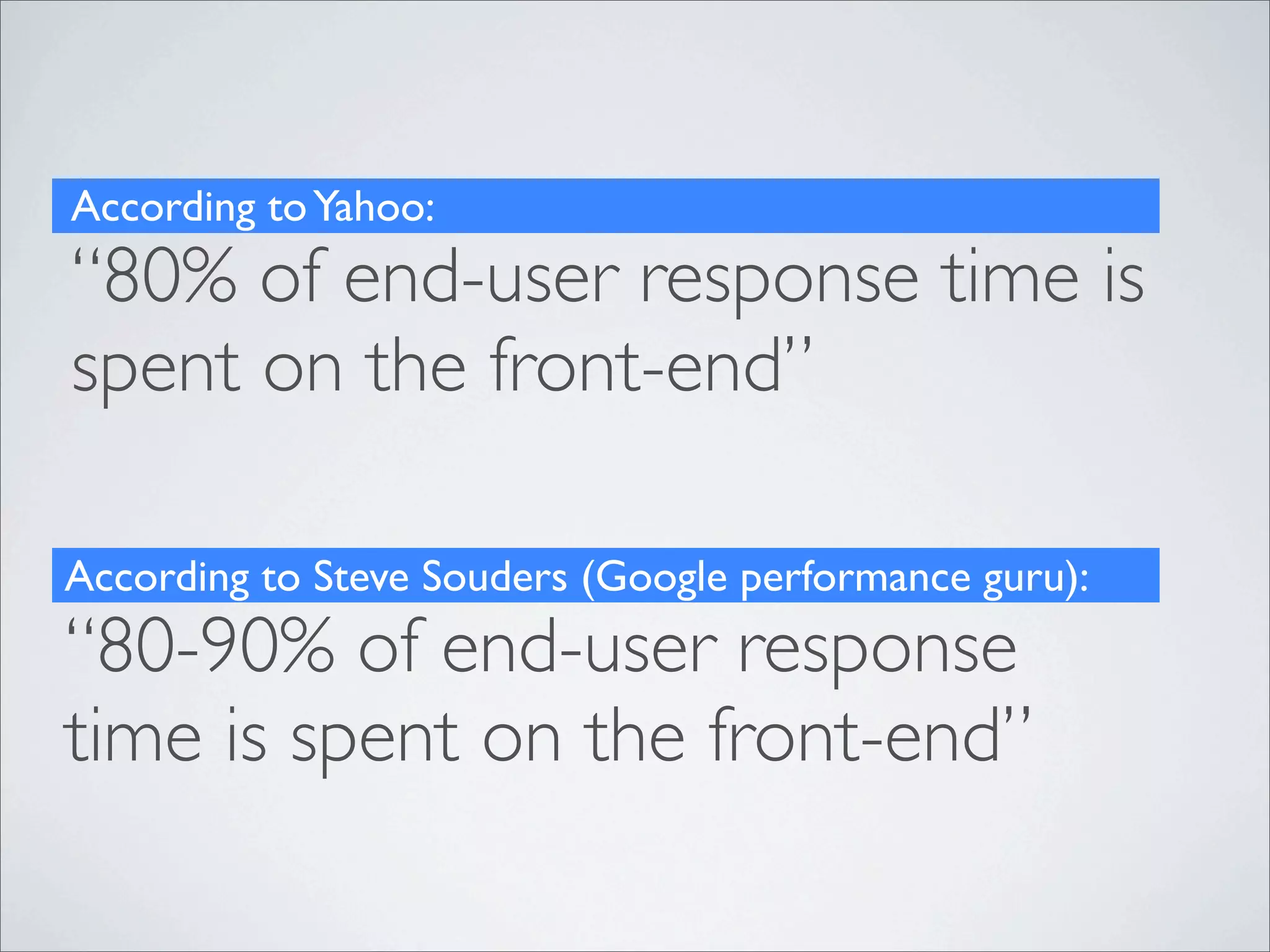 According to Yahoo:
“80% of end-user response time is
spent on the front-end”

According to Steve Souders (Google performance guru):
“80-90% of end-user response
time is spent on the front-end”
 
