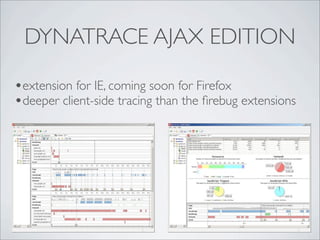 DYNATRACE AJAX EDITION

•extension for IE, coming soon for Firefox
•deeper client-side tracing than the ﬁrebug extensions
 