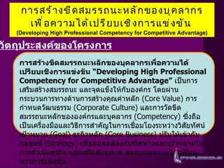 การสร้างขีดสมรรถนะหลักของบุคลากรเพื่อความได้เปรียบเชิงการแข่งขัน   (Developing High Professional Competency for   Competitive Advantage) วัตถุประสงค์ของโครงการ การสร้างขีดสมรรถนะหลักของบุคลากรเพื่อความได้เปรียบเชิงการแข่งขัน  “ Developing High Professional Competency for   Competitive Advantage”   เป็นการเสริมสร้างสมรรถนะ และจุดแข็งให้กับองค์กร โดยผ่านกระบวนการทางด้านการสร้างคุณค่าหลัก  (Core Value)  การกำหนดวัฒนธรรม  (Corporate Culture)   และการวัดขีดสมรรถนะหลักขององค์กรและบุคลากร  (Competency)   ซึ่งถือเป็นเครื่องมือและวิธีการสำคัญในการเชื่อมโยงระหว่างวิสัยทัศน์ เป้าหมาย  (Goal)   ธุรกิจหลัก  (Core Business)  ปรับให้เข้ากับกลยุทธ์  (Strategy)   เพื่อสอดคล้องกับทิศทางและเป้าหมายในการดำเนินธุรกิจ และเสริมศักยภาพ สมรรถนะความได้เปรียบทางการแข่งขัน 