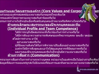 ด้านค่านิยมร่วมและวัฒนธรรมองค์กร  (Core Values and Corporate Culture) ค่านิยมร่วมขององค์กรสอดคล้องเหมาะสมกับกลยุทธ์ใหม่เพียงใด พฤติกรรมองค์กรโดยภาพรวมเหมาะสมกับค่านิยมหรือไม่ วัฒนธรรมการทำงานในปัจจุบันเอื้อหรือสนับสนุนต่อเป้าหมายหรือทิศทางใหม่หรือไม่ ด้านคุณลักษณะสมรรถนะของปัจเจกบุคคลและทีม  (Individual Profile and Team Competence) ได้มีการระบุถึงขีดสมรรถนะที่เกี่ยวข้องในการทำงานหรือไม่ ได้มีการดึงเอาความสามารถพิเศษของทรัพยากรบุคคล จุดแข็ง จุดอ่อน สไตล์การทำงาน มาใช้   อย่างเหมาะสมหรือไม่ ผู้ที่มีผลงานดีเด่นได้รับการพิจารณาปรับเลื่อนอย่างเหมาะสมหรือไม่ องค์กรได้มีการดึงดูดและเอาใจใส่ดูแลบุคลากรที่มีคุณภาพหรือไม่ ผลงานของปัจเจกบุคคลและทีมในปัจจุบันมีความเหมาะสมหรือไม่ ด้านการสื่อสาร  (Communication) กระบวนการสื่อสารในการทำงานระหว่างบุคคล หน่วยงานในองค์กรเป็นไปอย่างราบรื่นเพียงใด ข้อมูลที่ต้องการเผยแพร่ถูกส่งไปยังแหล่งที่ต้องการและทันตามเวลาอย่างเหมาะสมหรือไม่ 