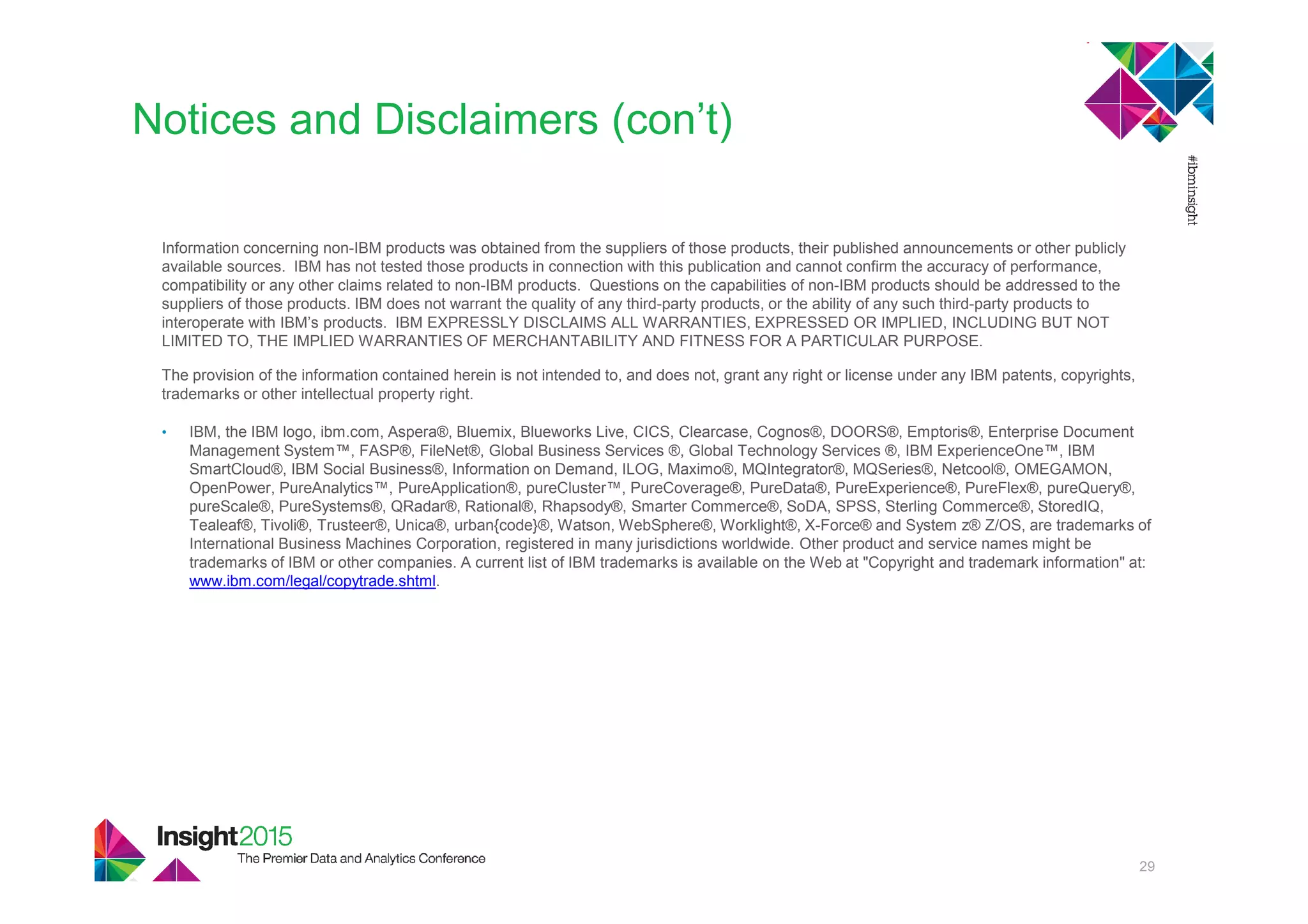 29
Notices and Disclaimers (con’t)
Information concerning non-IBM products was obtained from the suppliers of those products, their published announcements or other publicly
available sources. IBM has not tested those products in connection with this publication and cannot confirm the accuracy of performance,
compatibility or any other claims related to non-IBM products. Questions on the capabilities of non-IBM products should be addressed to the
suppliers of those products. IBM does not warrant the quality of any third-party products, or the ability of any such third-party products to
interoperate with IBM’s products. IBM EXPRESSLY DISCLAIMS ALL WARRANTIES, EXPRESSED OR IMPLIED, INCLUDING BUT NOT
LIMITED TO, THE IMPLIED WARRANTIES OF MERCHANTABILITY AND FITNESS FOR A PARTICULAR PURPOSE.
The provision of the information contained herein is not intended to, and does not, grant any right or license under any IBM patents, copyrights,
trademarks or other intellectual property right.
• IBM, the IBM logo, ibm.com, Aspera®, Bluemix, Blueworks Live, CICS, Clearcase, Cognos®, DOORS®, Emptoris®, Enterprise Document
Management System™, FASP®, FileNet®, Global Business Services ®, Global Technology Services ®, IBM ExperienceOne™, IBM
SmartCloud®, IBM Social Business®, Information on Demand, ILOG, Maximo®, MQIntegrator®, MQSeries®, Netcool®, OMEGAMON,
OpenPower, PureAnalytics™, PureApplication®, pureCluster™, PureCoverage®, PureData®, PureExperience®, PureFlex®, pureQuery®,
pureScale®, PureSystems®, QRadar®, Rational®, Rhapsody®, Smarter Commerce®, SoDA, SPSS, Sterling Commerce®, StoredIQ,
Tealeaf®, Tivoli®, Trusteer®, Unica®, urban{code}®, Watson, WebSphere®, Worklight®, X-Force® and System z® Z/OS, are trademarks of
International Business Machines Corporation, registered in many jurisdictions worldwide. Other product and service names might be
trademarks of IBM or other companies. A current list of IBM trademarks is available on the Web at "Copyright and trademark information" at:
www.ibm.com/legal/copytrade.shtml.
 