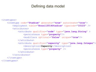 Defining data model
<itemtypes>
<itemtype code="Stadium" generate="true" autocreate="true">
<deployment table=“Brasil2014Stadium" typecode="10123" />
<attributes>
<attribute qualifier="code" type="java.lang.String" >
<persistence type="property"/>
<modifiers optional="false" unique="true"/>
</attribute>
<attribute qualifier="capacity" type="java.lang.Integer">
<description>Capacity</description>
<persistence type="property" />
</attribute>
</attributes>
</itemtype>
</itemtypes>
 