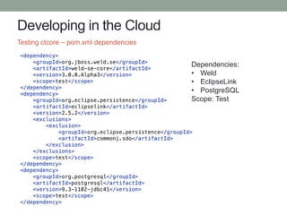 Developing in the Cloud
Testing ctcore – pom.xml dependencies
Dependencies:
• Weld
• EclipseLink
• PostgreSQL
Scope: Test
 