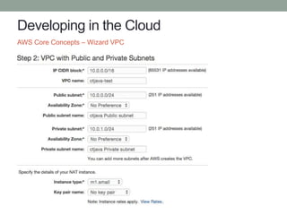 Developing in the Cloud
AWS Core Concepts – Wizard VPC
 