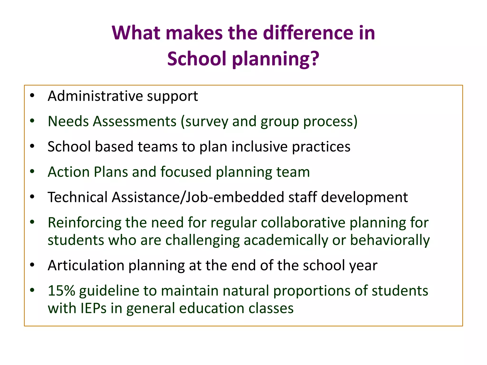 What makes the difference in
School planning?
• Administrative support
• Needs Assessments (survey and group process)
• School based teams to plan inclusive practices
• Action Plans and focused planning team
• Technical Assistance/Job-embedded staff development
• Reinforcing the need for regular collaborative planning for
students who are challenging academically or behaviorally
• Articulation planning at the end of the school year
• 15% guideline to maintain natural proportions of students
with IEPs in general education classes
 