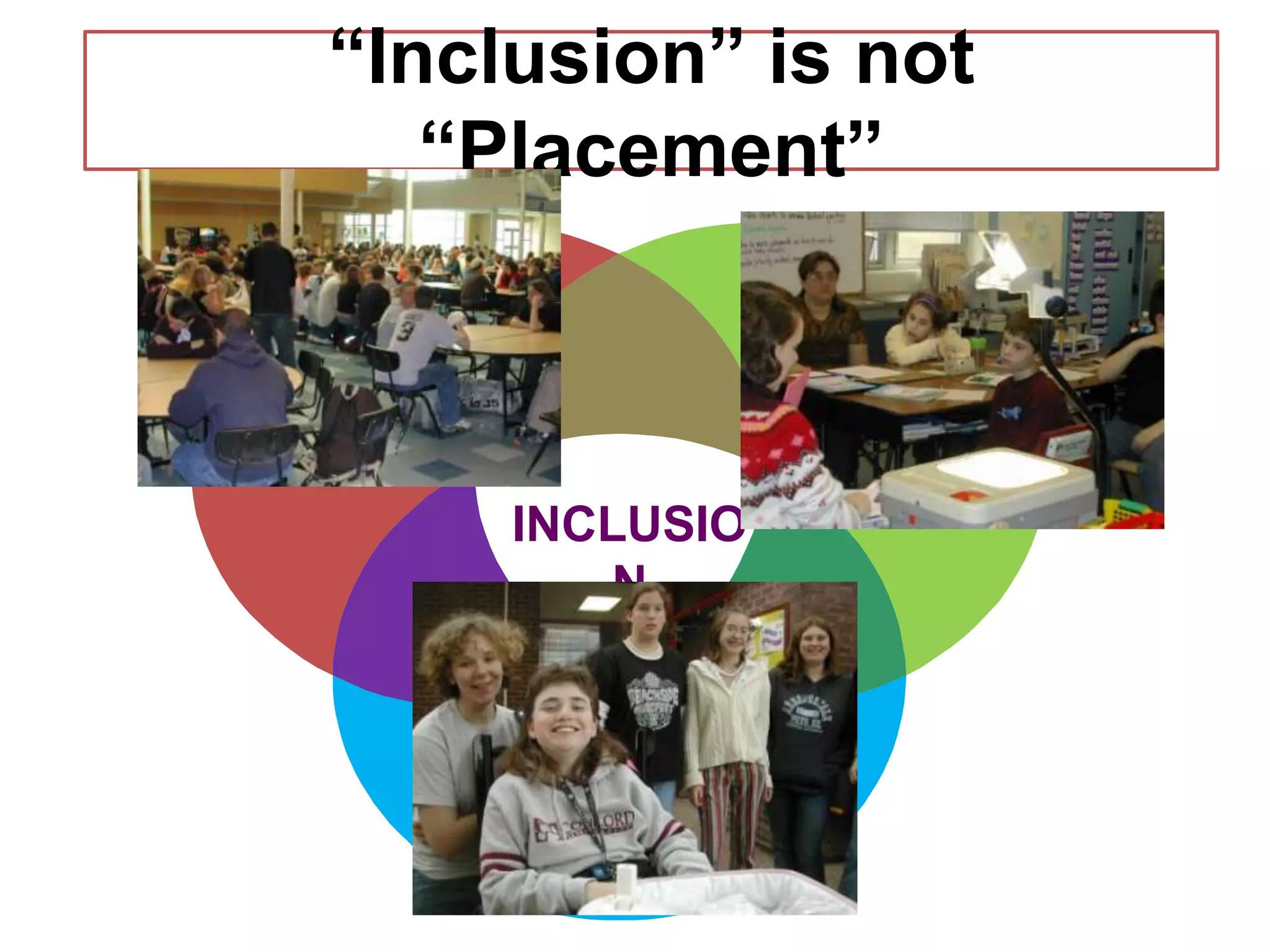 “Inclusion” is not
“Placement”
Physical Access
to
ENVIRONMENTS
Meaningful
ACADEMIC
participation
Positive SOCIAL
RELATIONSHIPS
INCLUSIO
N
 