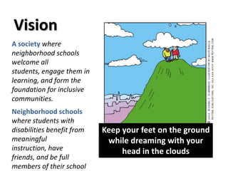 Vision
A society where
neighborhood schools
welcome all
students, engage them in
learning, and form the
foundation for inclusive
communities.
Neighborhood schools
where students with
disabilities benefit from
meaningful
instruction, have
friends, and be full
members of their school
Keep your feet on the ground
while dreaming with your
head in the clouds
 