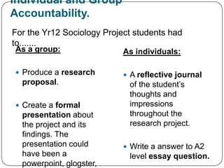Individual and Group
Accountability.
For the Yr12 Sociology Project students had
to.......
As a group:                 As individuals:

 Produce a research         A reflective journal
  proposal.                  of the student’s
                             thoughts and
 Create a formal            impressions
  presentation about         throughout the
  the project and its        research project.
  findings. The
  presentation could         Write a answer to A2
  have been a                level essay question.
  powerpoint, glogster,
 
