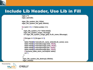 Include Lib Header, Use Lib in Fill sigar_t *t; sigar_open(&t); sigar_file_system_list_t fslist; sigar_file_system_list_get(t, &fslist); for  (uint i =  0 ; i < fslist.number; i++)  { sigar_file_system_t fs = fslist.data[i]; sigar_file_system_usage_t fsusage; rc= sigar_file_system_usage_get(t, fs.dir_name, &fsusage); if  (fs.type ==  2  || fs.type ==  3 ) { table->field[ 0 ]->store(fs.dir_name, strlen(fs.dir_name), scs); table->field[ 1 ]->store(fsusage.total,  TRUE ); table->field[ 2 ]->store(fsusage.used,  TRUE ); table->field[ 3 ]->store(fsusage.free,  TRUE ); table->field[ 4 ]->store(fsusage.files,  TRUE ); if  (schema_table_store_record(thd, table)) rc=  1 ; } } sigar_file_system_list_destroy(t, &fslist); sigar_close(t); 