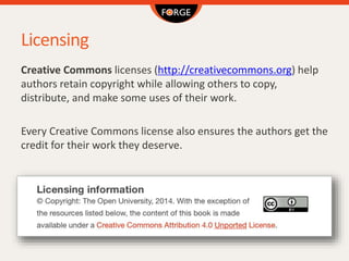 Licensing
Creative Commons licenses (http://creativecommons.org) help
authors retain copyright while allowing others to copy,
distribute, and make some uses of their work.
Every Creative Commons license also ensures the authors get the
credit for their work they deserve.
 