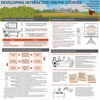 DEVELOPING INTERACTIVE ONLINE COURSES Petr Kosina,
Cheryl Reynolds,
and Tunyalee Martin
UC Statewide IPM Program
ONLINE COURSE SYSTEMATIC DESIGN PROCESS
1. What do you want the learner to come away with? For example: Californians will choose integrated pest
management to manage all kinds of pests in urban, agricultural, and natural areas.
2. Break the overall goal into more specific pieces, keeping the audience in mind. Define the information, skills,
and attitudes needed to be taught that will meet the overall goal.
• Develop CHANGES IN BEHAVIOR: Follow IPM principles to solve the pest problem.
• Performance objective: Given a real-world scenario, the learner will choose the appropriate
steps to identify and solve a suspected pest problem.
• Develop SKILLS: Evaluate whether pesticide application is appropriate in the given scenario.
• Performance objective: Given a detailed scenario (crop, pest, abundance), the learner will
consider relevant factors and decide whether the action threshold was reached.
• Develop KNOWLEDGE: List examples of physical or mechanical weed control.
• Performance objective: Given a set of statements, the learner will select those practices
describing physical or mechanical weed control.
3. Translate objectives to questions for review of content or testing.
4. Divide content into modules and decide on your teaching method for each topic to best present the content
and motivate the learner (e.g., demonstration videos, cartoon animation, case scenarios, interaction).
5. Collect and produce the materials: script, media (images, video, audio), and collect examples and case studies.
6. Assemble the final components and produce the prototype.
7. Evaluate with select learners and revise based on feedback.
8. Upload of final modules into learning management system (LMS), test functionality including tracking
learners’ progress through the course, reporting scores from modules, and issuing course certificates.
9. Open course to public
Pros Cons
+ easy to learn – course will be only as good as the recorded presentation
+ quick and cheap – making content changes means re-recording presentation
+ can meet accessibility requirements – limited customization and interactivity options
ONLINE COURSE – ‘QUICK AND DIRTY’
ONLINE COURSE EVALUATION
ADDRESSING ACCESSIBILITY
1
2
3
Chunk, insert quizzes or tests, and branching
interactions using H5P - HTML 5 PACKAGE.
Record presentation with audio narration
as a video file using for example ZOOM.
Add closed captions for the narration, test
accessibility, and upload to your
LMS - LEARNING MANAGEMENT SYSTEM.
Evaluate the course before it is published with a select group of learners
Collect immediate feedback from learners who finished your online course
Assess the use of knowledge and skills to improve course performance
Collect qualitative information with a sample group of
your target learners. Observe what they do when they
are taking the course, analyze their test results, and
conduct interviews after.
Focus on learners’ understanding of content,
perceptions of course activities, course pace, and their
overall engagement.
Use feedback to improve the course before it is
published. The earlier you evaluate, the easier it is to
incorporate important changes to your course.
Survey your learners and continuously
review the feedback to monitor the
satisfaction of learners, effectiveness
of the instructional approach,
relevancy of your course to the target
audience, usability and any technical
issues that learners may have
encountered due to, for example,
software updates.
I found this course to
be very informative.
Very excited to go
out and check all my
citrus trees! And
everyone else's!
Sometimes the
pages won’t load up
correctly and the
sound will stop
working, plus the
bullet points would
not fit in the screen.
Follow up with your course participants a few
weeks or months after they take the course to
learn about how they are using their new
knowledge and skills acquired through your
course. Ask what was missing or what they would
change in the course. Feedback of this type is
invaluable for the future improvement of current
courses AND the development of new courses.
Instructional
goal
Performance
objectives &
prerequisites
Assessment
tools
Chunking &
story board
Development
of instructional
components
Assembly of
the prototype
Formative
evaluation
Upload &
testing in the
LMS
Launch the
Course
1 2 3
4
5
6
7 8 9
• Use LARGE TEXT FONTS, PREFERABLY SANS SERIF to
make text readable even on small screens like
smartphones.
• Check COLOR CONTRAST of text and background
combinations on your screens.
• Add ALT TEXT to all photos, diagrams, graphs and other
visuals unless if used only for decorative purposes.
• Provide DESCRIPTION TO ANY VIDEO without narration.
• Add CAPTIONS FOR ALL AUDIO narration in your course
(preferably with ability to turn off and on).
• Check that each button in your course has a clear
DIRECTION OF FUNCTION.
• Ensure that learners can navigate through the course in
the desired order using KEYBOARD-ONLY NAVIGATION.
• Prevent COGNITIVE OVERLOAD—use consistent format,
white space, less text, structured and aligned content,
disable autoplay, and avoid visual or auditive
distractions.
To meet basic accessibility criteria, make sure to
1 in 4 adults
in the United States
have some type of disability.
Accessible design
is helpful for everyone!
Meeting accessibility
standards is required by state
and federal laws.
 