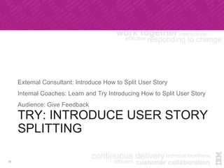 TRY: INTRODUCE USER STORY
SPLITTING
External Consultant: Introduce How to Split User Story
Internal Coaches: Learn and Try Introducing How to Split User Story
Audience: Give Feedback
15
 