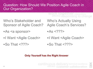 Question: How Should We Position Agile Coach in
Our Organization?
Who’s Stakeholder and
Sponsor of Agile Coach?
! As <a sponsor>
! I Want <Agile Coach>
! So That <???>
Who’s Actually Using
Agile Coach’s Services?
! As <???>
! I Want <Agile Coach>
! So That <???>
25
Only Yourself has the Right Answer	
 