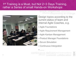 1st Training is a Must, but Not 2~3 Days Training,
rather a Series of small Hands-on Workshops
5
Design topics according to the
current status of team and
internal Agile Coaches, e.g.
!  Agile Foundations
!  Agile Requirement Management
!  Agile Kanban Management
!  Product Manager Foundations
!  Scrum Simulation
!  Continuous Intergration
!  ……
 